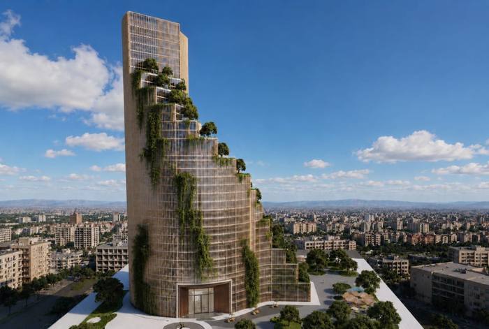 Rendu 3D d’une tour avec jardin et parking