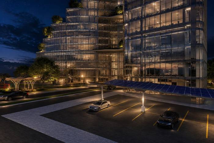 Rendu 3D d’une tour avec jardin et parking