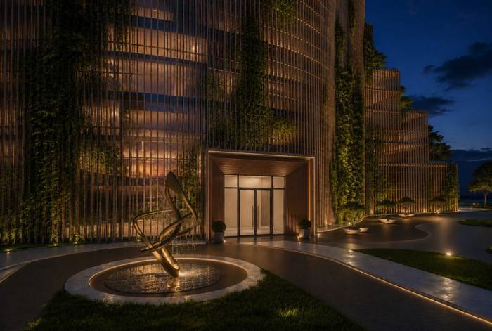 Rendu 3D d’une tour avec jardin et parking