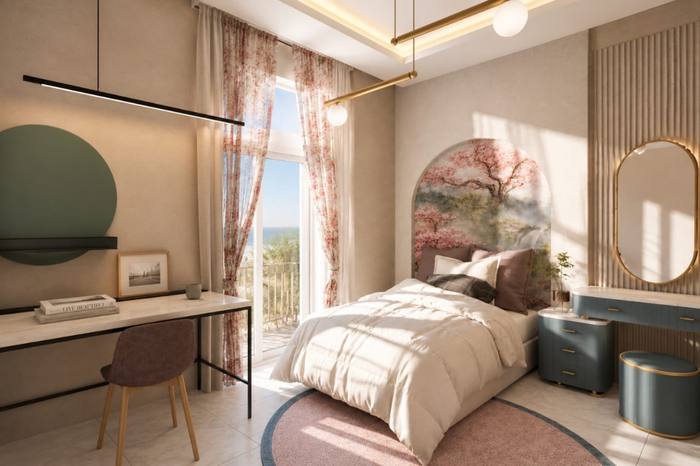 Création 3D pour une chambre, avec proposition de couleurs, de matériaux et de décoration