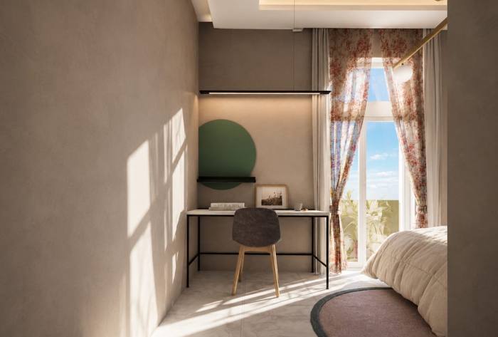 Création 3D pour une chambre, avec proposition de couleurs, de matériaux et de décoration