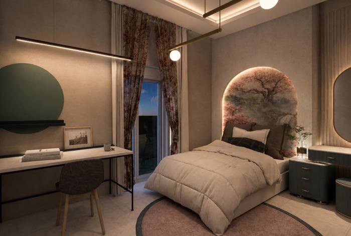 Création 3D pour une chambre, avec proposition de couleurs, de matériaux et de décoration