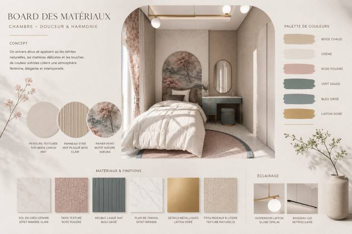 Création 3D pour une chambre, avec proposition de couleurs, de matériaux et de décoration